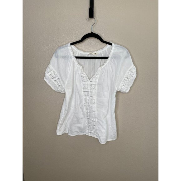 Lucky Brand Tops - Lucky Brand Womens White Crochet Embroidered Cotton Blouse Size M Short Sleeve